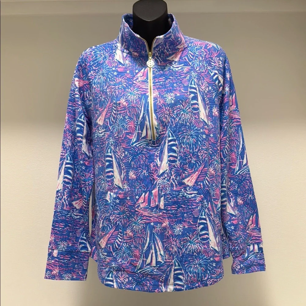 Lilly Pulitzer Skipper Popover Boca Blue Its A Sailabration Womens Small 1/4zip